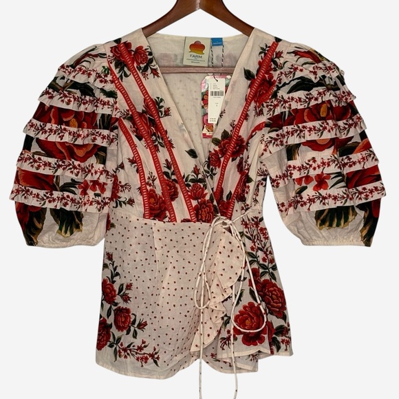 NWT Farm Rio x Anthropologie Vibrant Red Floral Wrap Top Size S Puff Sleeve - Picture 4 of 14